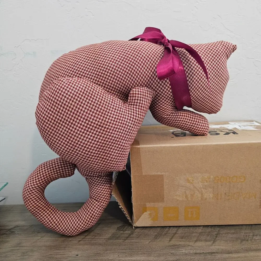 Vintage Handmade Cat Plush Red Gingham Shelf Sitter Farmhouse Cottage Kitty Cats